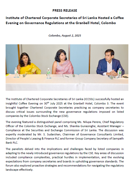 PRESS RELEASE – Institute of Chartered Corporate Secretaries of Sri Lanka Hosted a Coffee Evening on Governance Regulations at the Granbell Hotel, Colombo