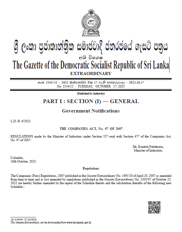 The Gazette of the Democratic Socialist Republic of Sri Lanka
