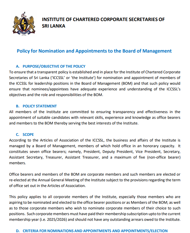 Policy for Nomination and Appointments to the Board of Management 